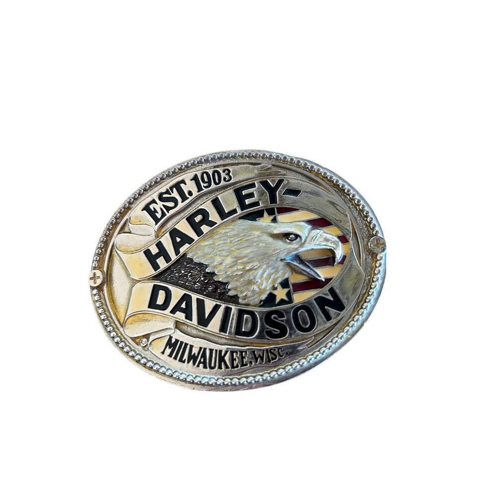 Vintage Harley Davidson American Flag Eagle Belt Buckle with Leather Belt 36/90